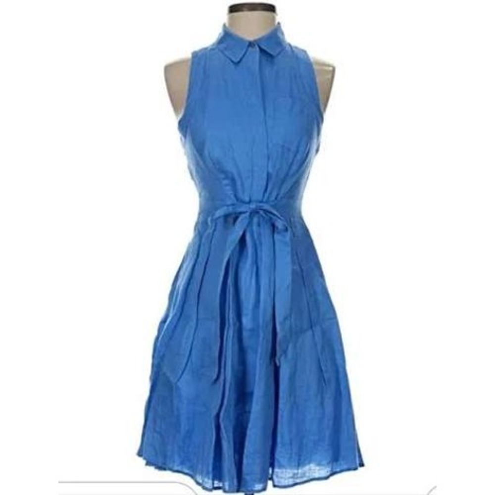 HD in Paris Anthropologie Blue Linen Sleeveless Shirt Dress Tie Waist US 6